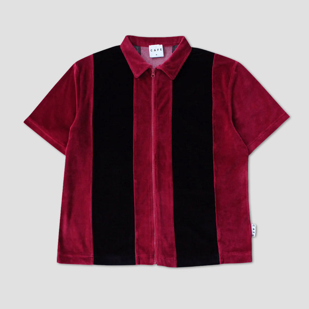Skateboard Cafe Stripe Full Zip Velour Stripe Shirt Burgundy / Black