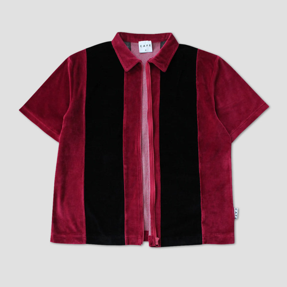 Skateboard Cafe Stripe Full Zip Velour Stripe Shirt Burgundy / Black