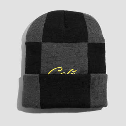 Skateboard Cafe Check Fold Beanie Charcoal / Black / Gold