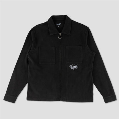 Welcome Sliver Waffle Knit Zip Shirt Black